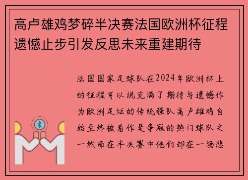 高卢雄鸡梦碎半决赛法国欧洲杯征程遗憾止步引发反思未来重建期待